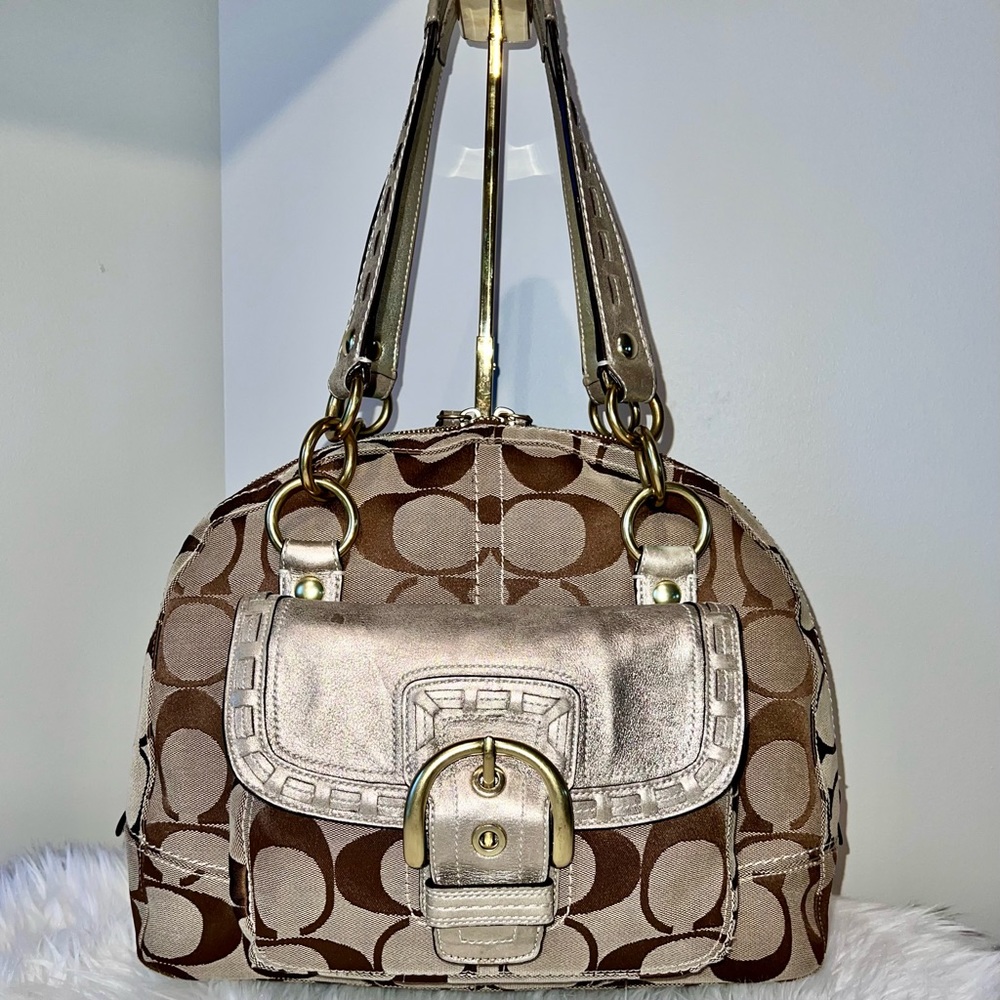 COACH Signature Khaki & Gold Metallic Leather Dome Satchel Shoulder Bag 11889